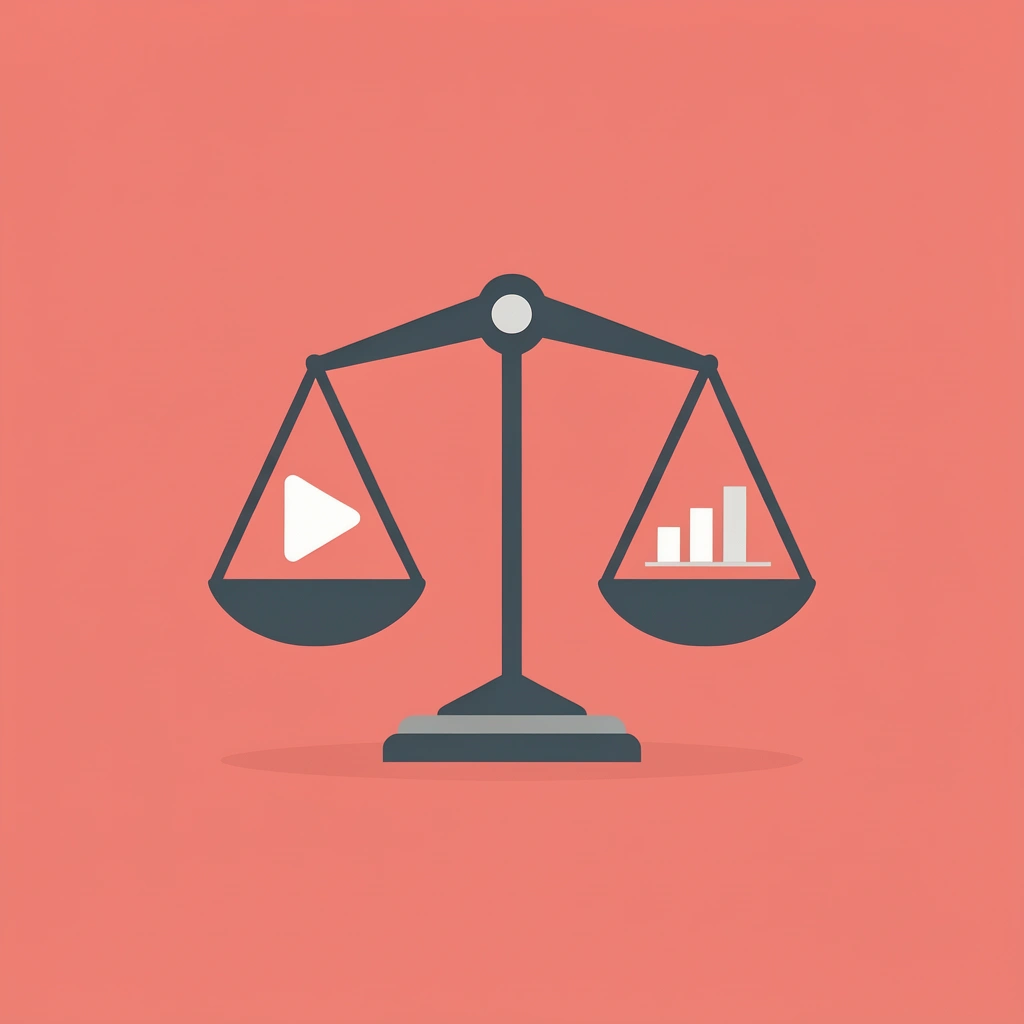 Balance scale comparing entertainment value on one side with measurable results on the other