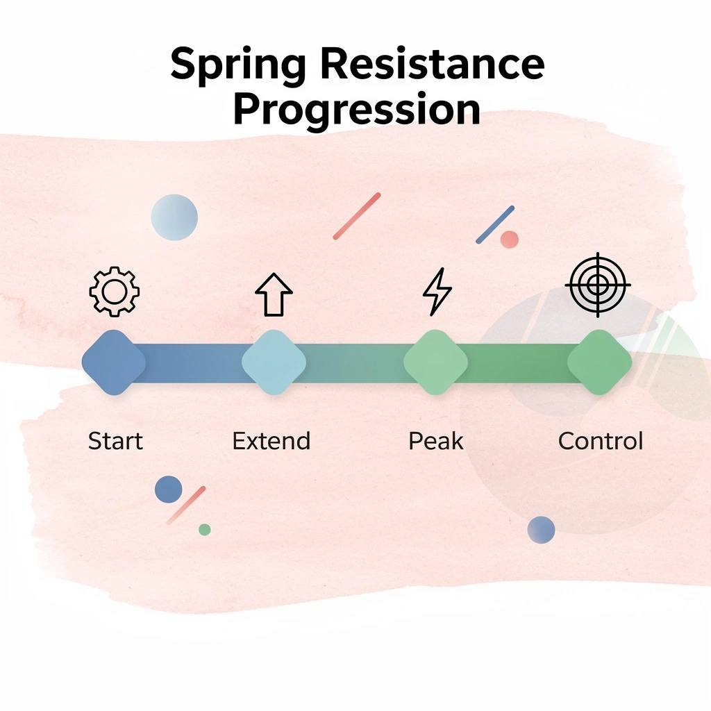 Progressive arrow diagram showing spring resistance increasing through movement phases