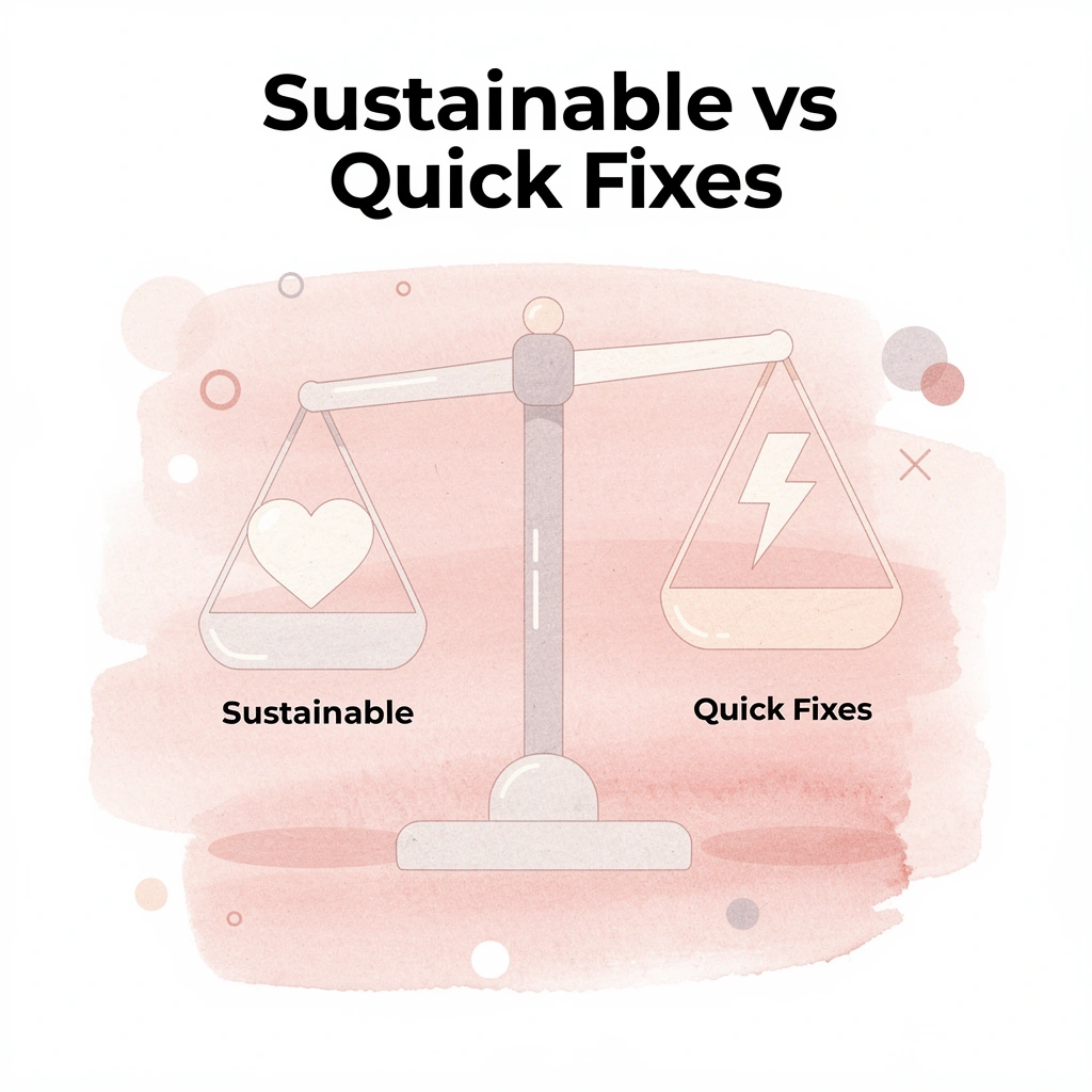 Balance scale comparing sustainable fitness approach versus quick fixes