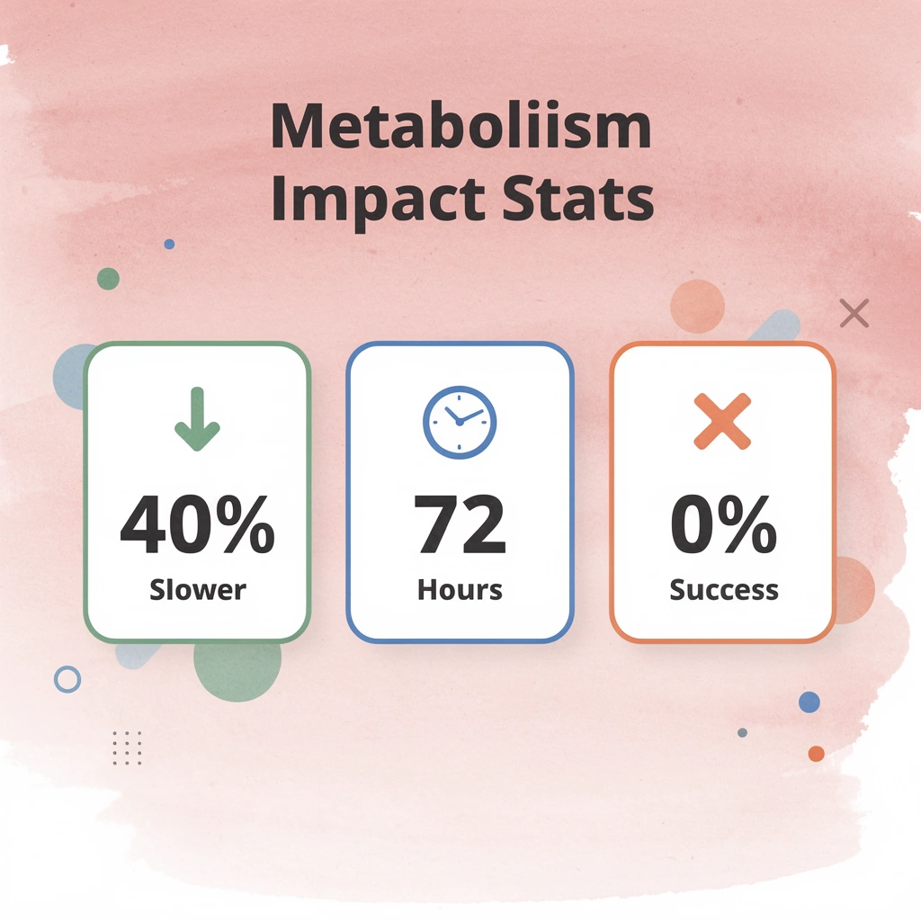 Statistics showing metabolism impact with 40% slower rate in 72 hours