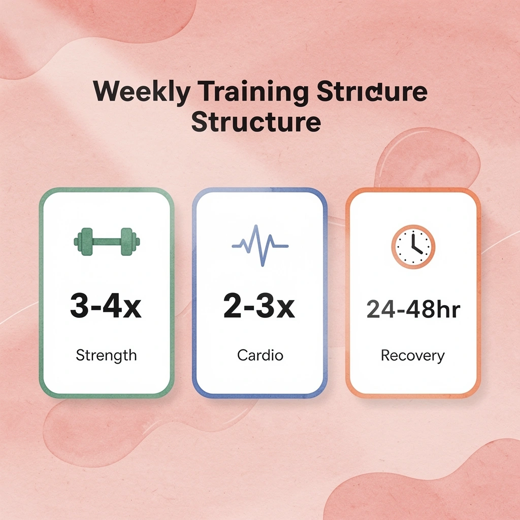 Infographic showing weekly training frequency: 3-4 times strength, 2-3 times cardio, 24-48 hour recovery