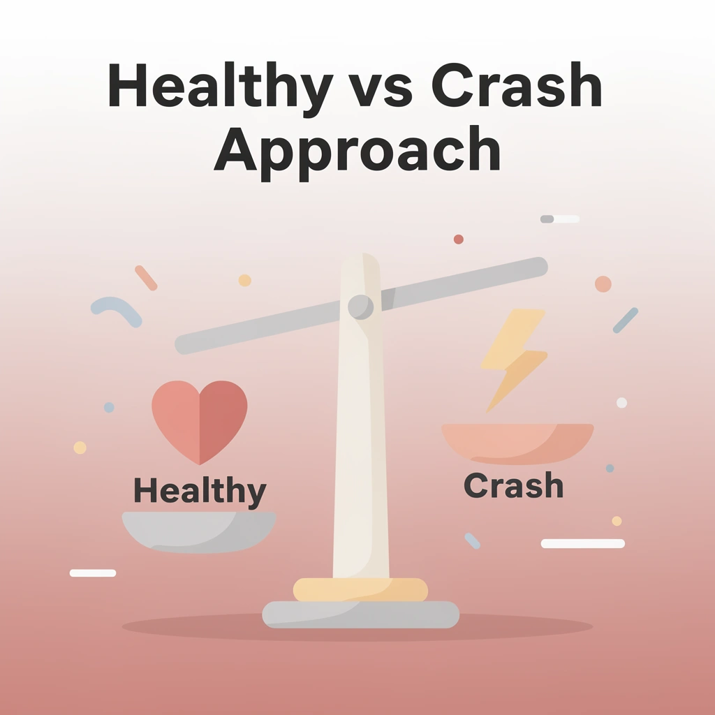 Balance scale comparing healthy versus crash diet approaches