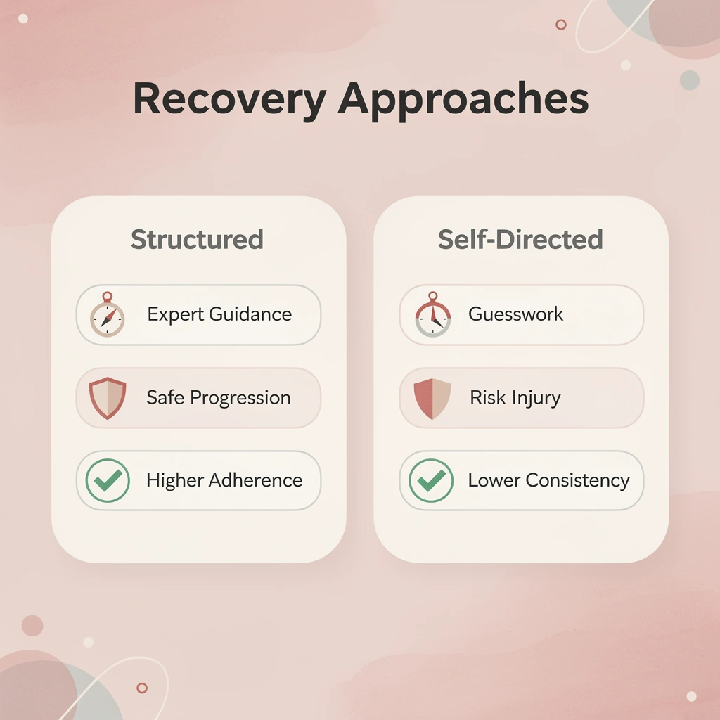 Comparison infographic showing structured vs self-directed postpartum recovery approaches