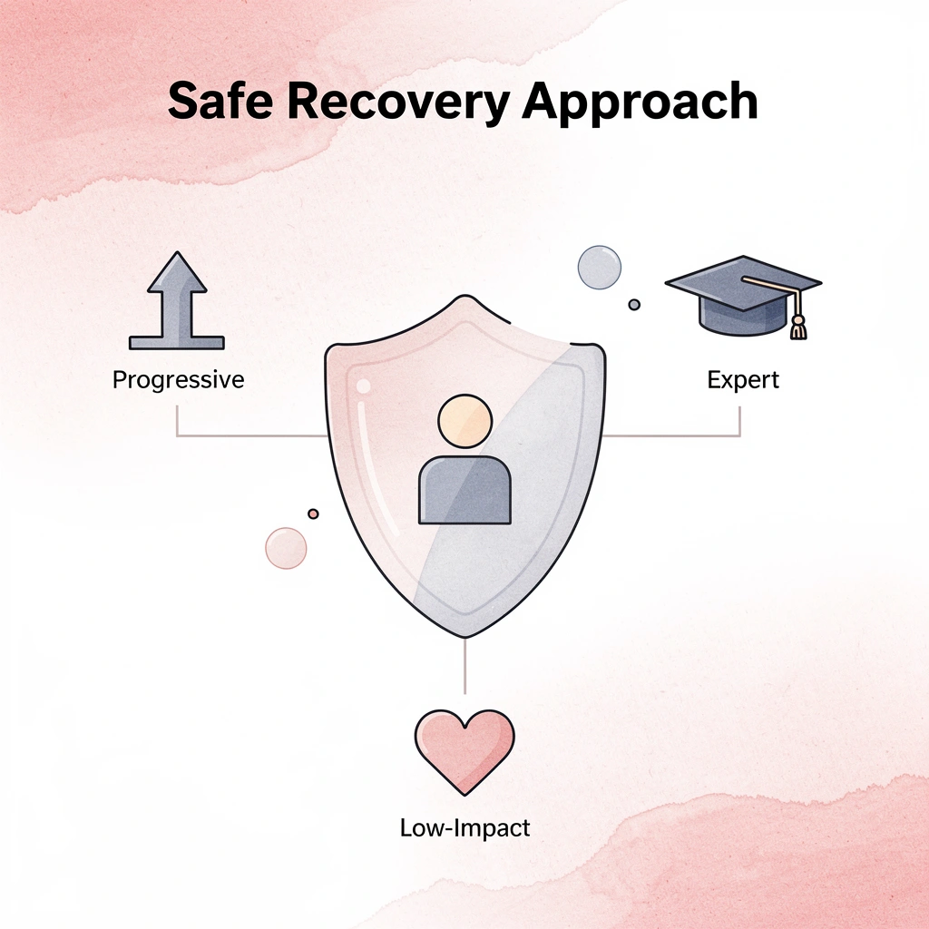 Infographic showing safe recovery approach with individualized, progressive, expert-guided, low-impact elements