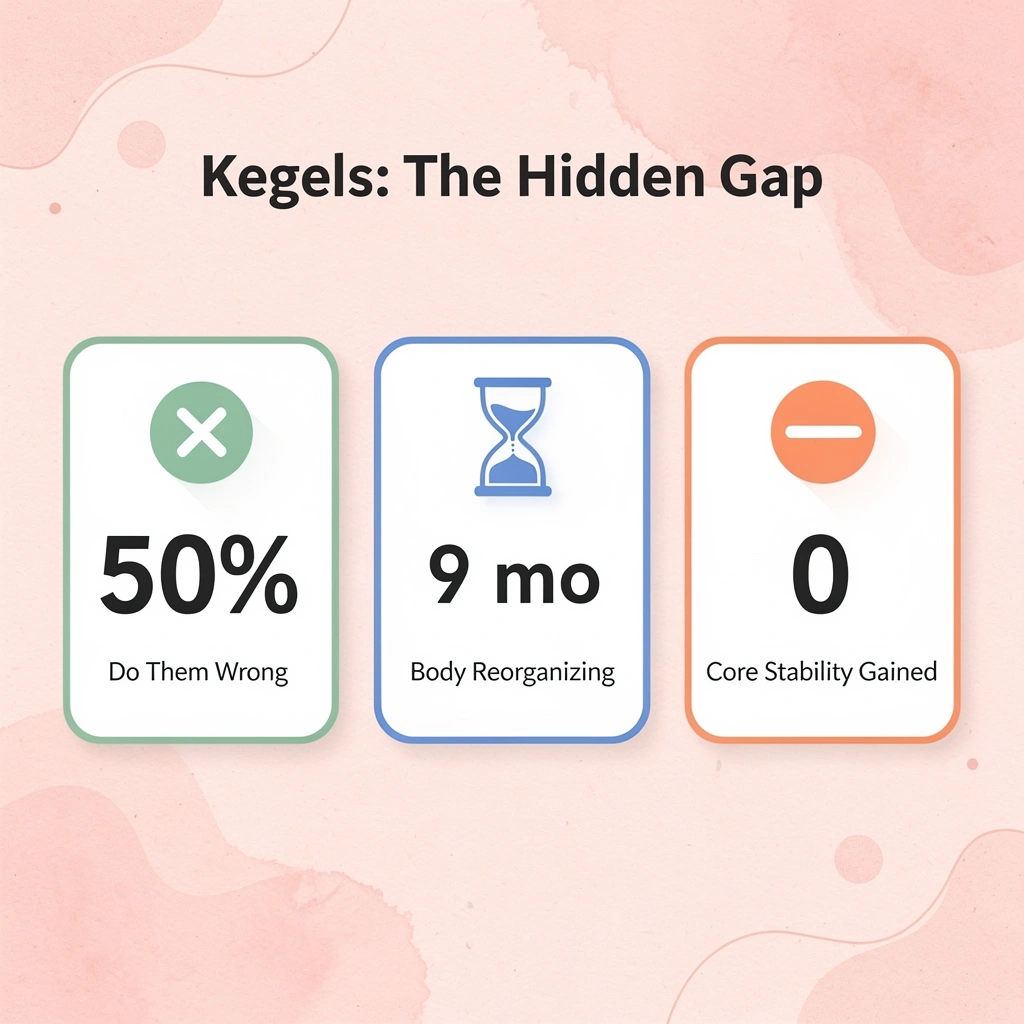 Stats infographic showing 50% of women do Kegels incorrectly, 9 months of body changes, and zero core stability gained from Kegels alone