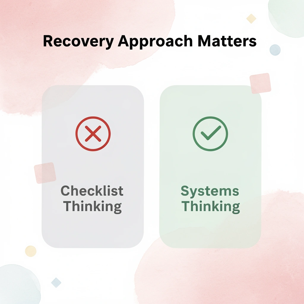 Before and after infographic comparing checklist thinking versus systems thinking in postpartum recovery