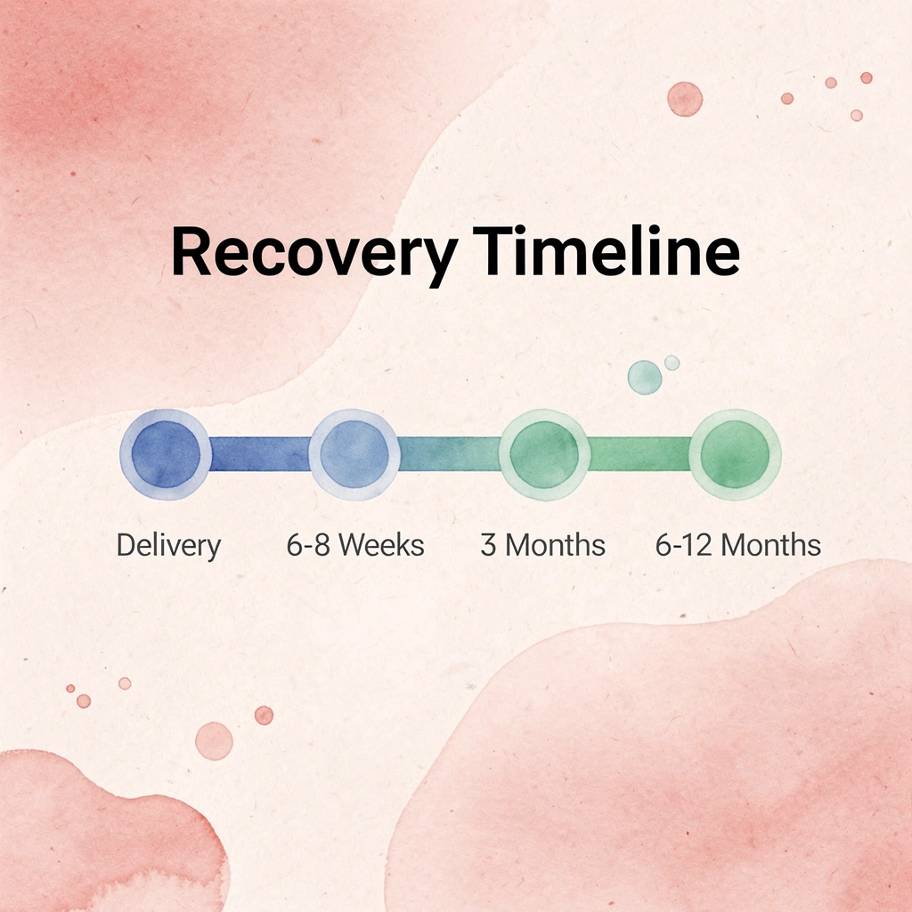 Timeline showing postpartum recovery phases from delivery to full recovery
