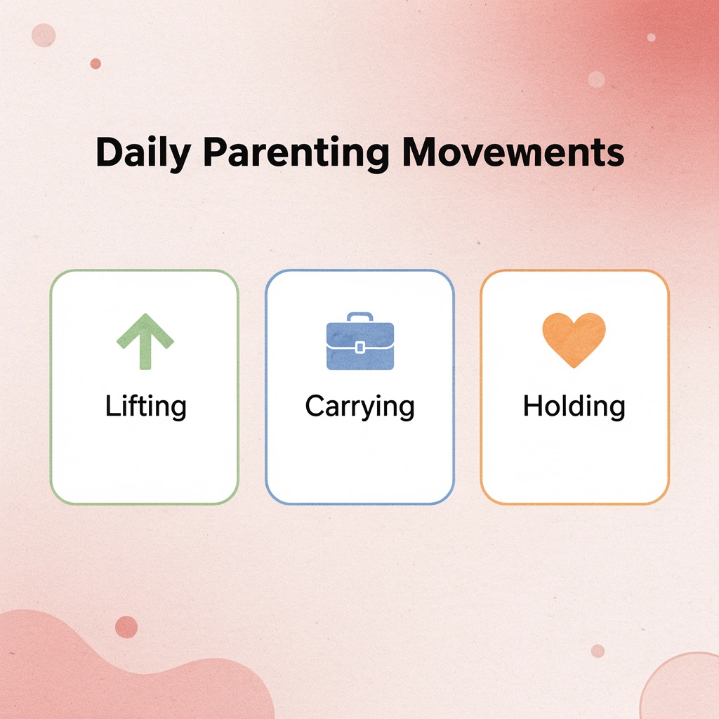 Three cards showing daily parenting movements: lifting, carrying, holding