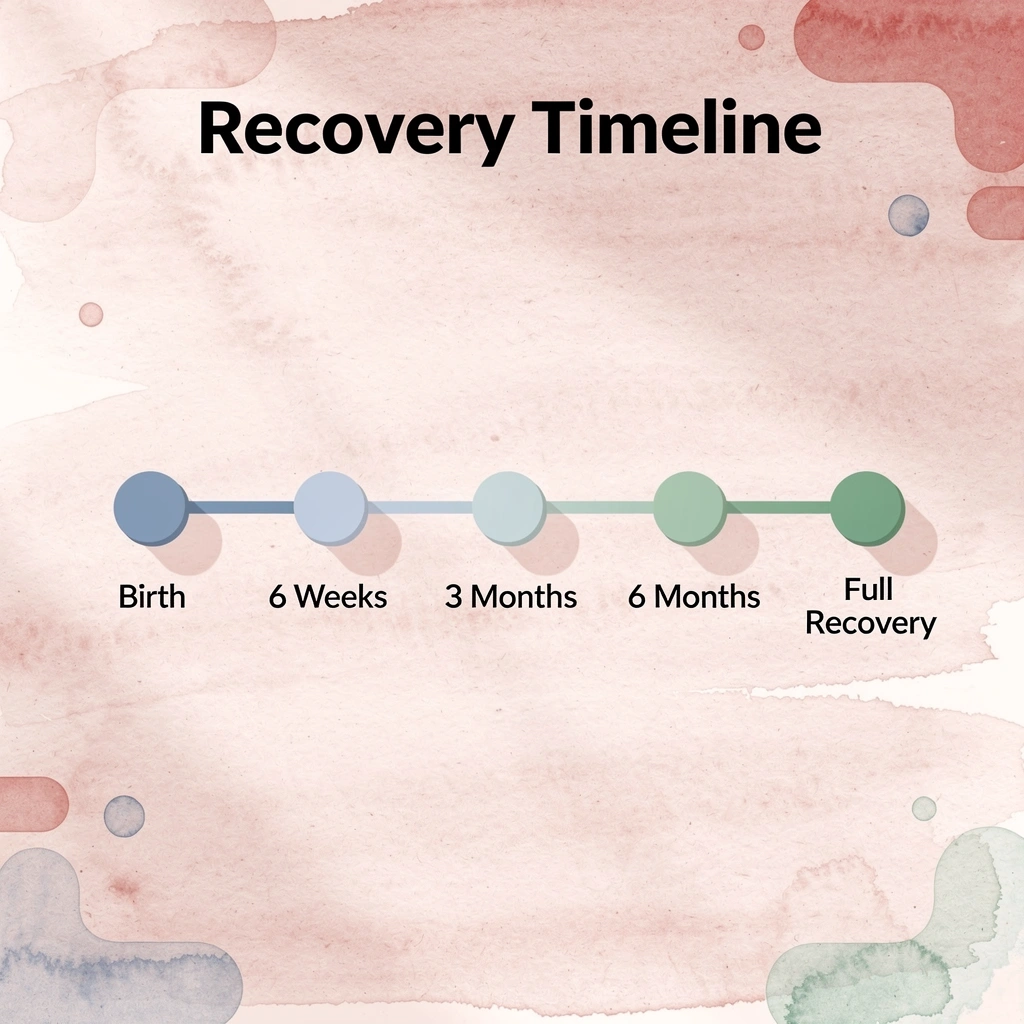 Timeline showing postpartum recovery milestones from birth to full recovery