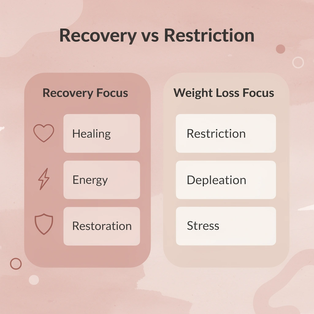 Comparison chart showing recovery focus versus weight loss focus during postpartum