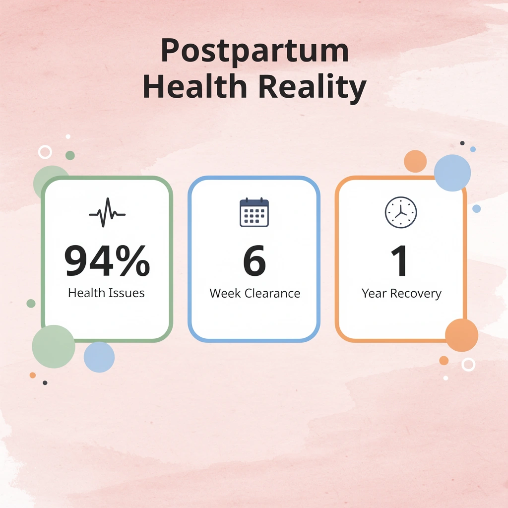 Statistics showing postpartum health challenges and recovery timeline