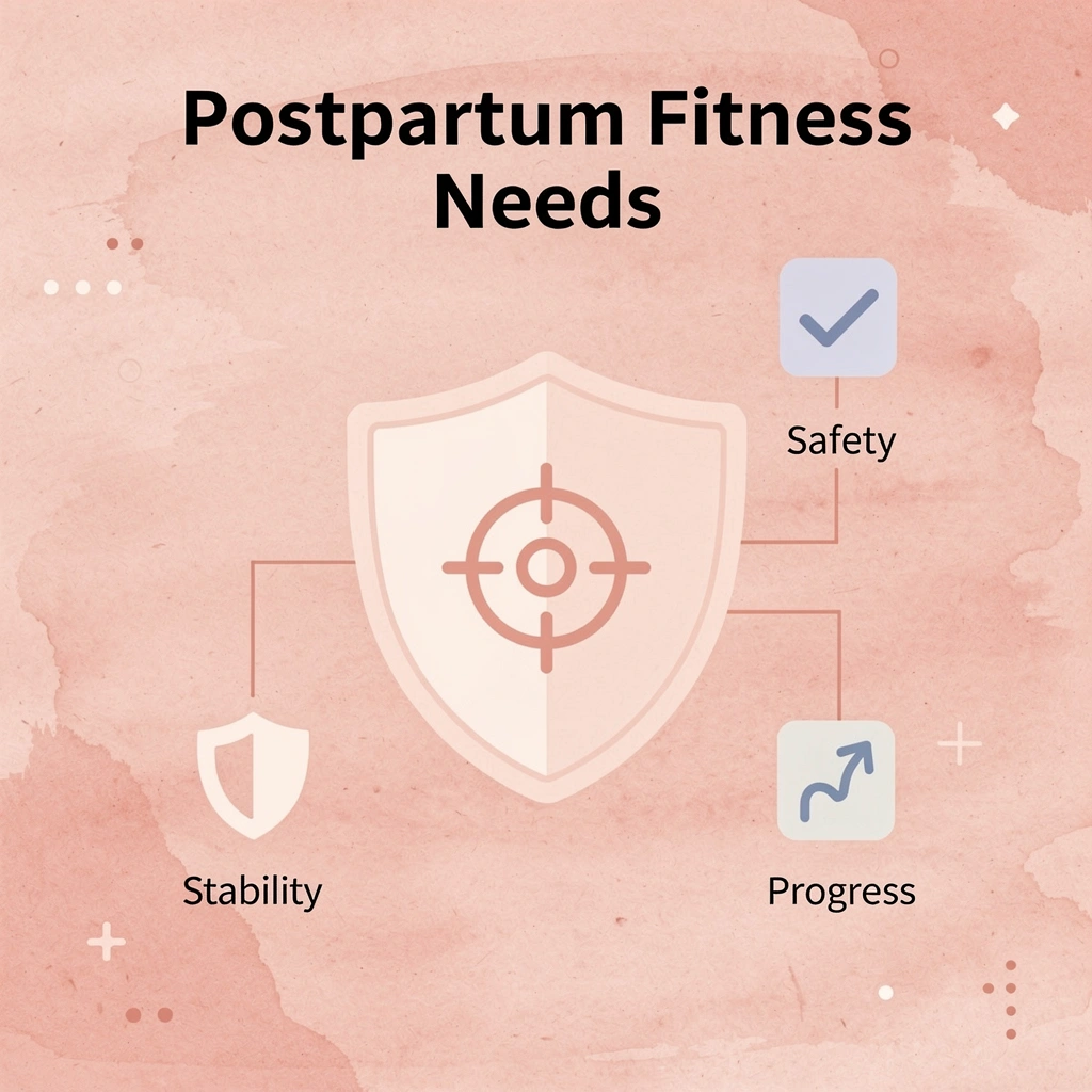 Infographic showing key postpartum fitness needs centered around heart health