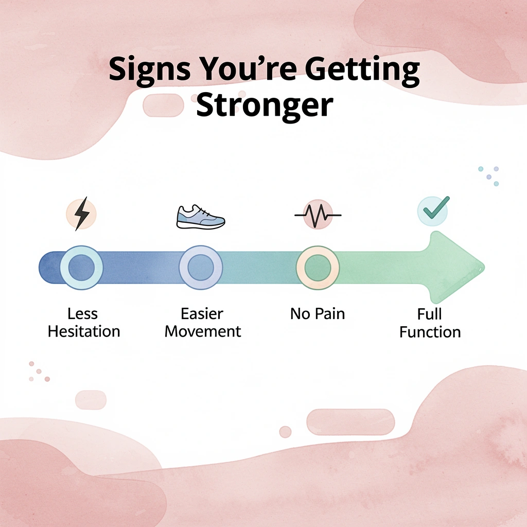 Arrow progression infographic showing four milestones of pelvic floor recovery