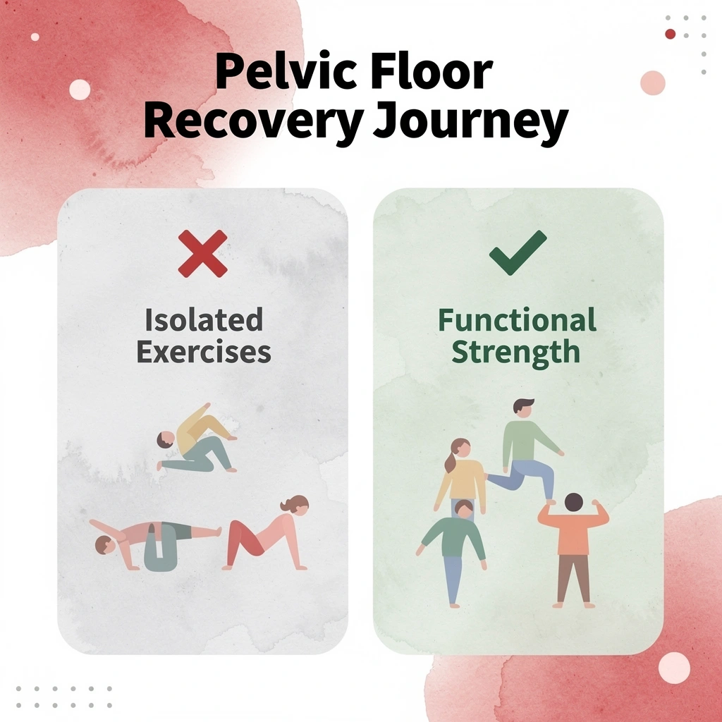 Before and after infographic comparing isolated exercises to functional pelvic floor strength