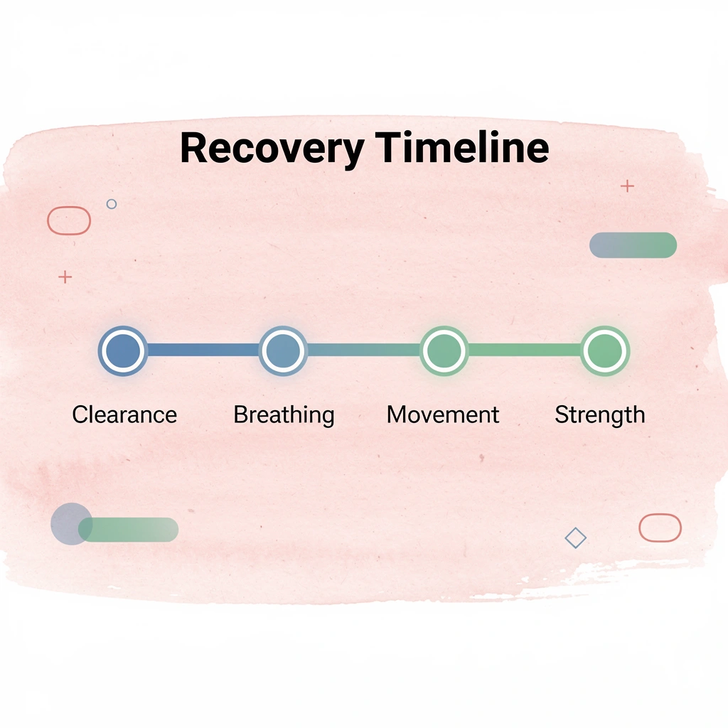 Timeline showing postpartum exercise recovery phases from clearance to strength building