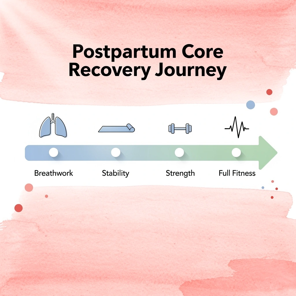 Arrow progression showing postpartum core recovery journey from breathwork to full fitness