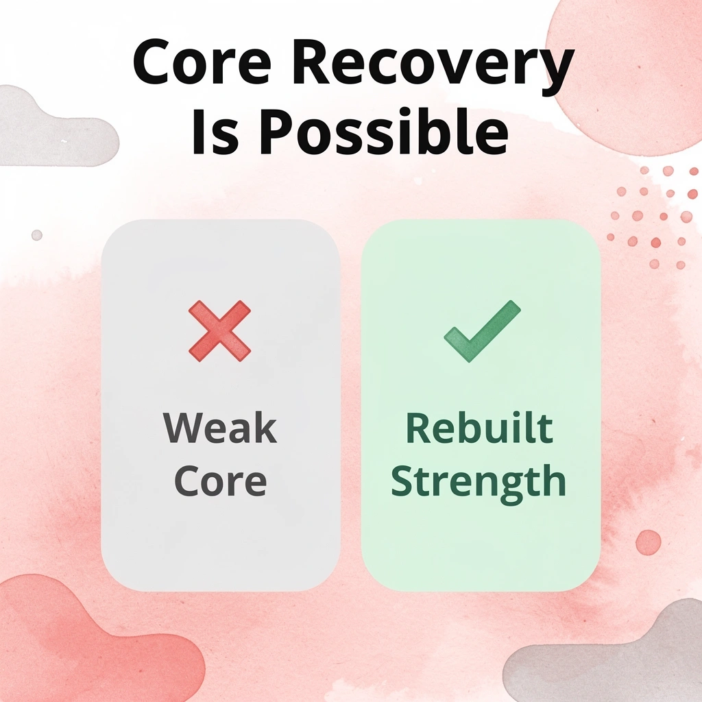 Before and after infographic showing weak core versus rebuilt core strength after pregnancy
