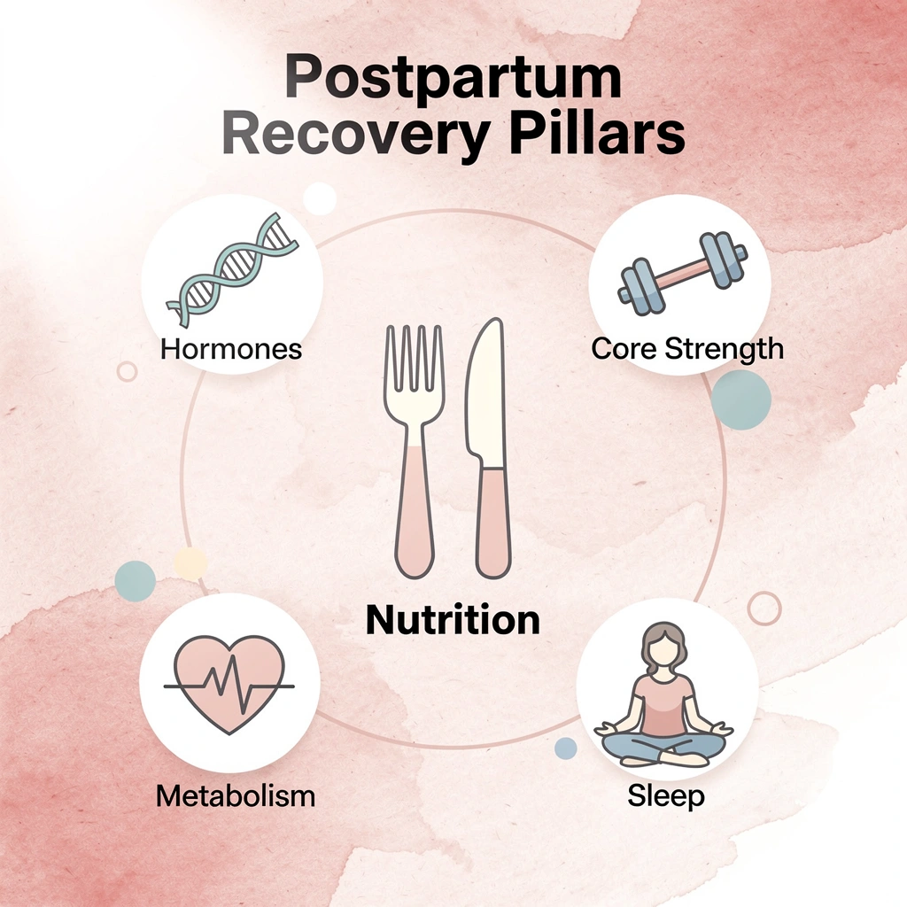 Hub and spoke infographic showing five postpartum recovery pillars