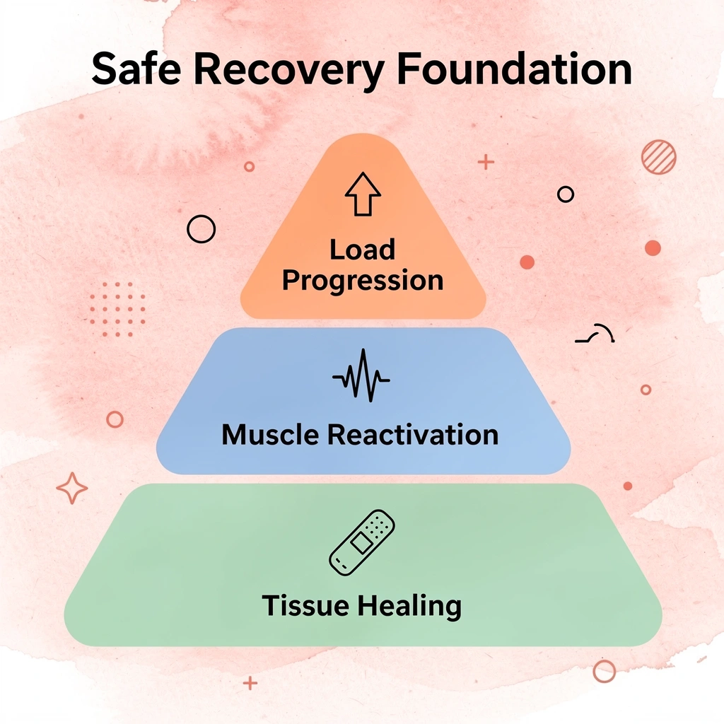 Pyramid infographic showing the three foundational layers of a safe postpartum workout plan