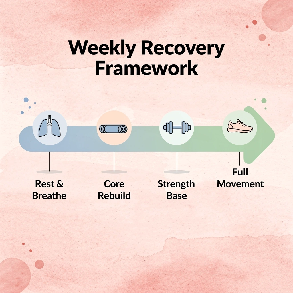  Infographic showing four-stage weekly postpartum workout progression