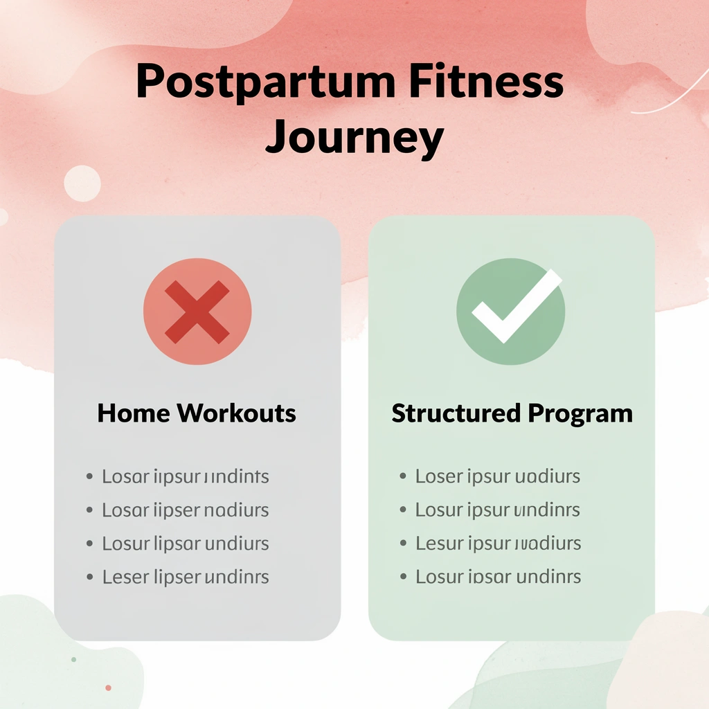 Before and after infographic comparing unstructured home workouts to a structured postpartum program