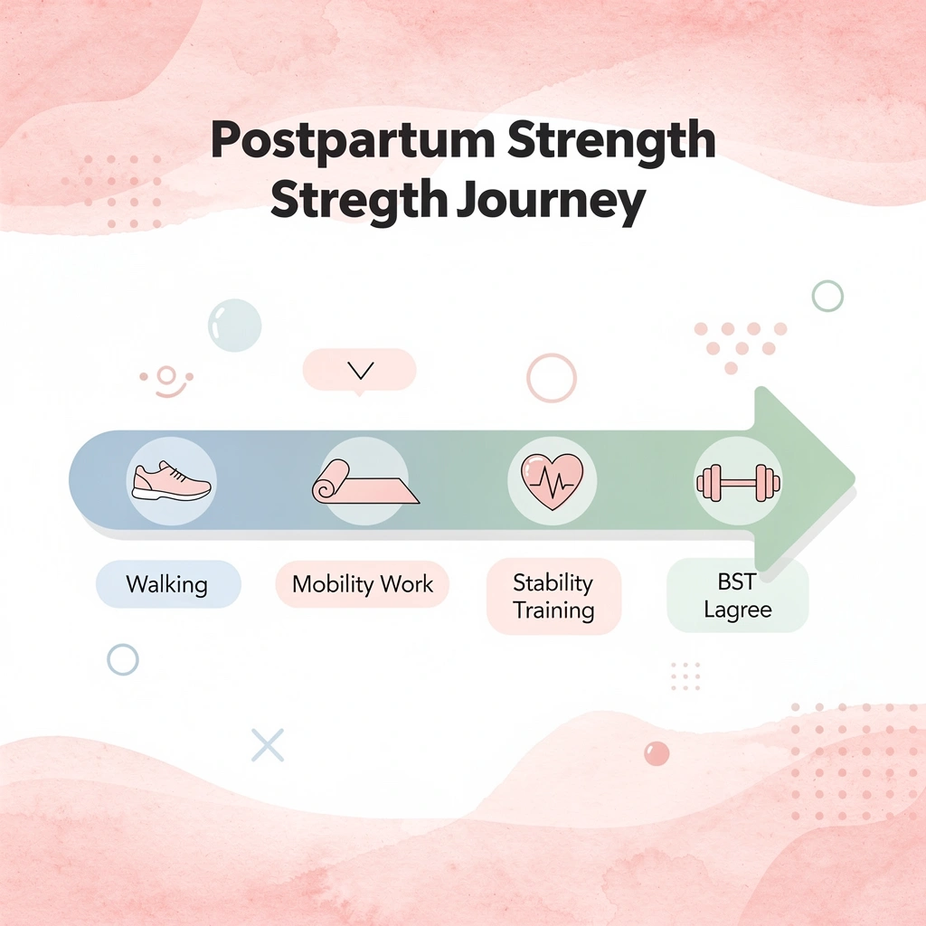 Arrow progression infographic showing postpartum fitness journey from walking to BST Lagree