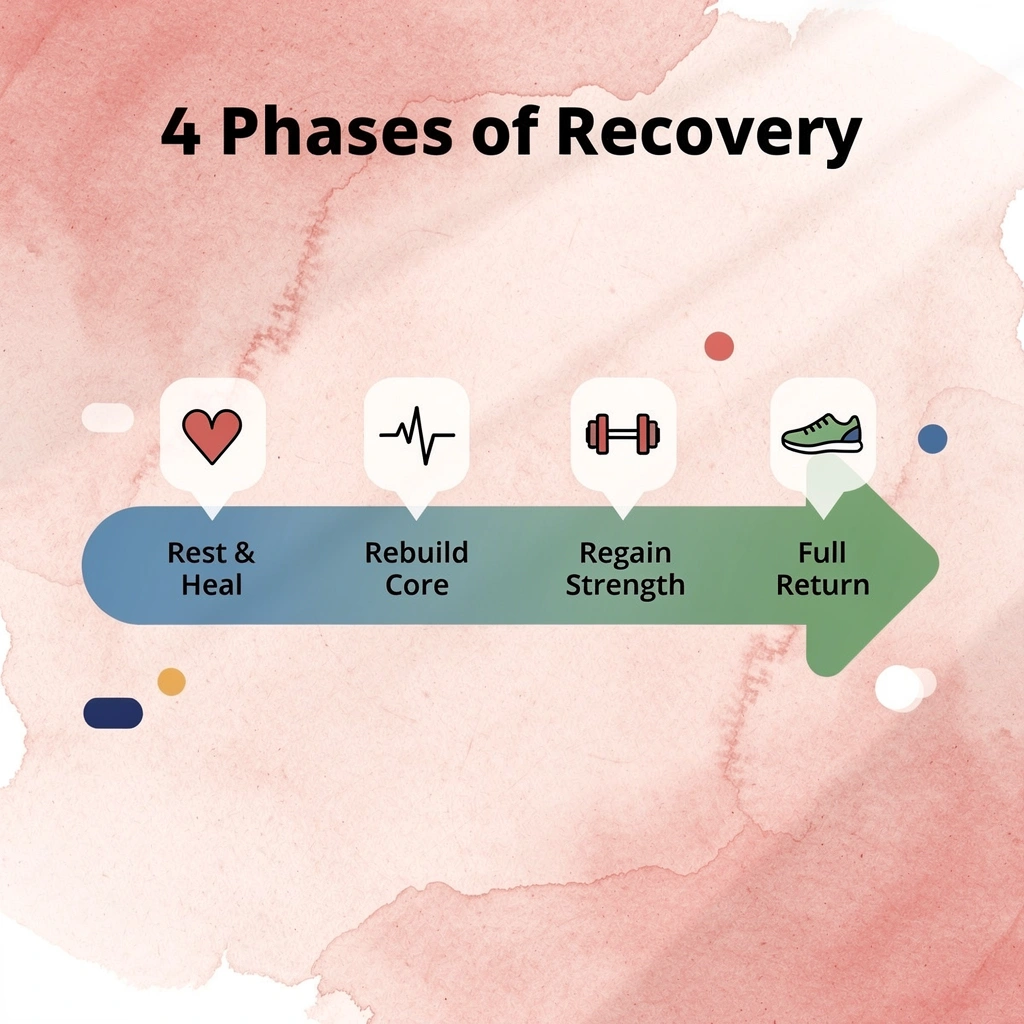 Infographic showing the 4 phases of post-pregnancy workout progression