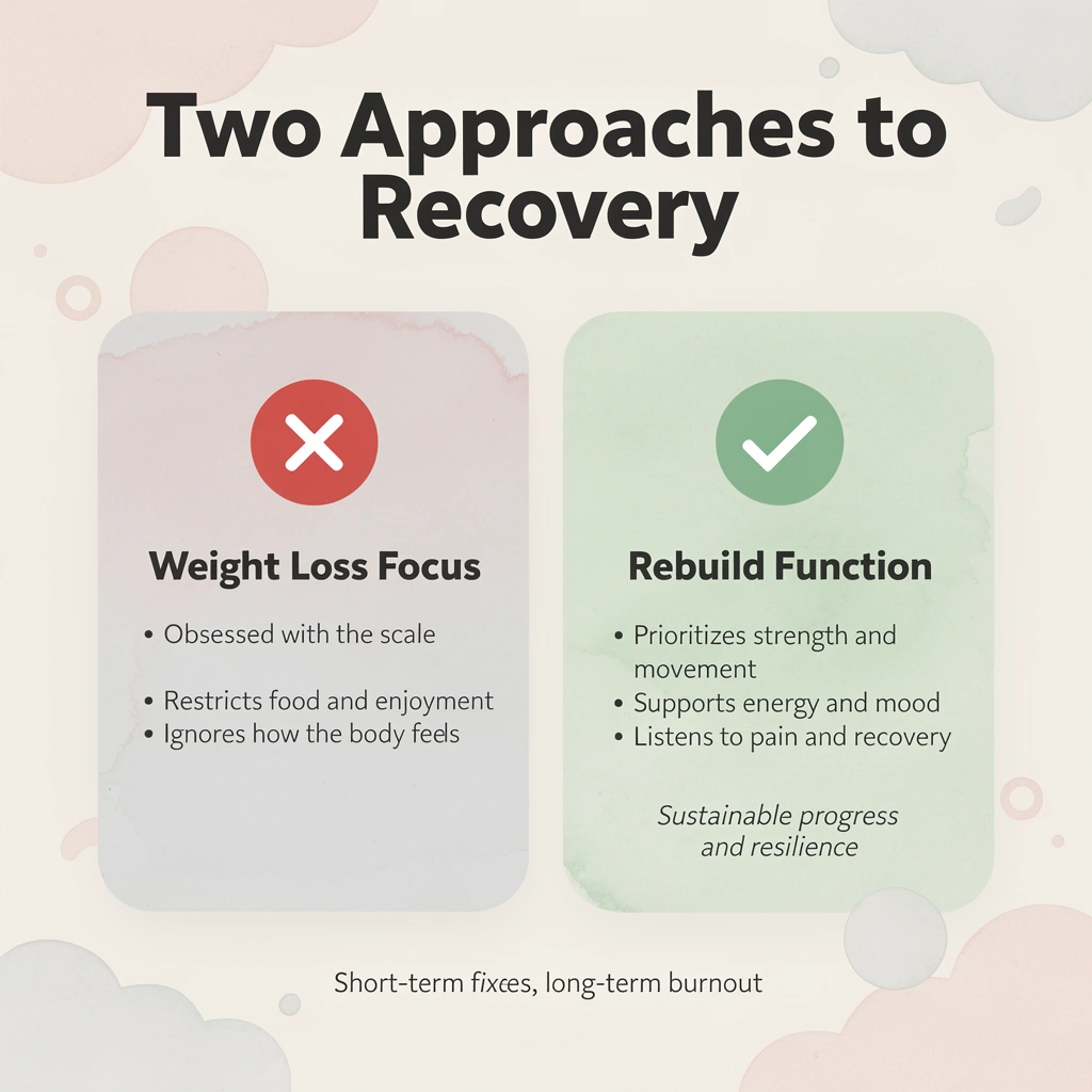 Before and after infographic comparing weight loss focus versus rebuilding function postpartum