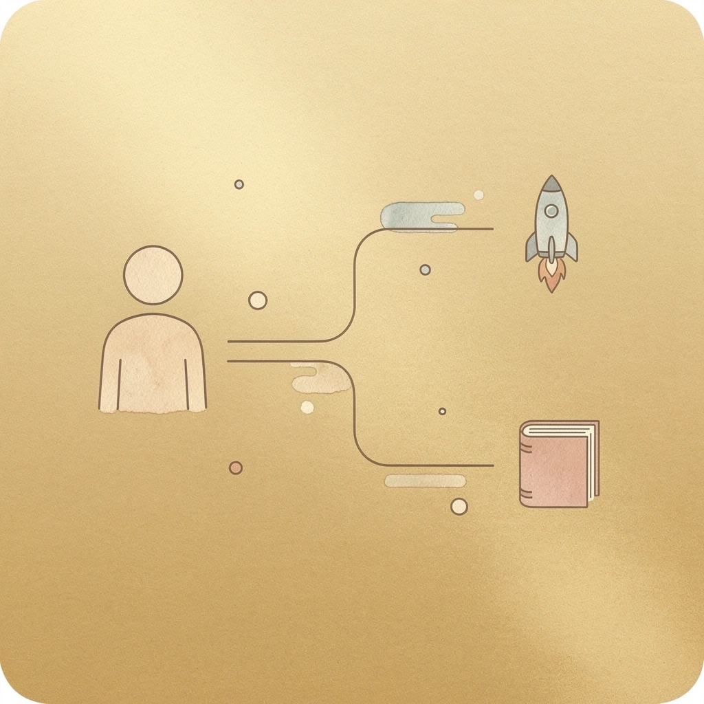 Icon showing a single path splitting into two choices for postpartum recovery stage