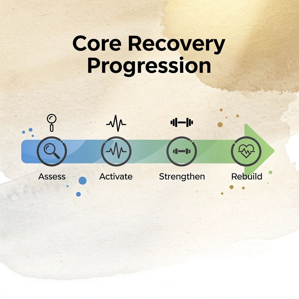 Infographic showing four stages of postpartum core recovery progression