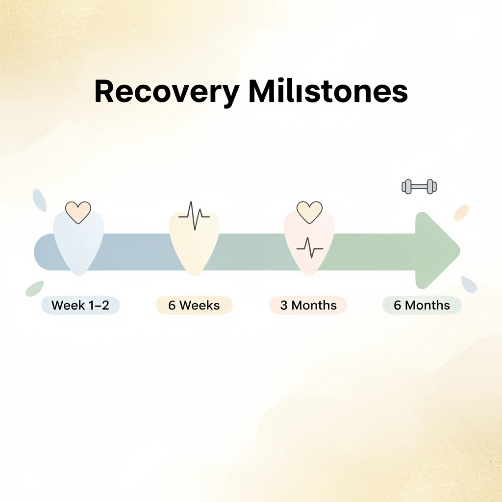 Infographic showing postpartum recovery milestones from week one to six months