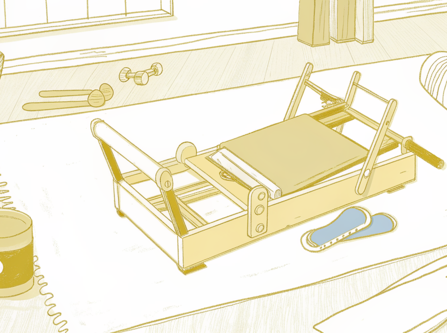 Reformer Pilates props and pregnancy wellness items on a calm editorial desk