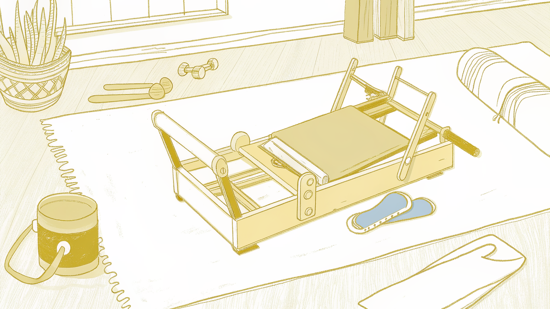 Reformer Pilates props and pregnancy wellness items on a calm editorial desk