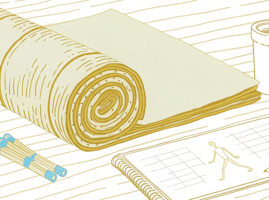 Flat-lay desk with Pilates reformer mat, resistance bands, anatomy sketch cards, and coffee mug