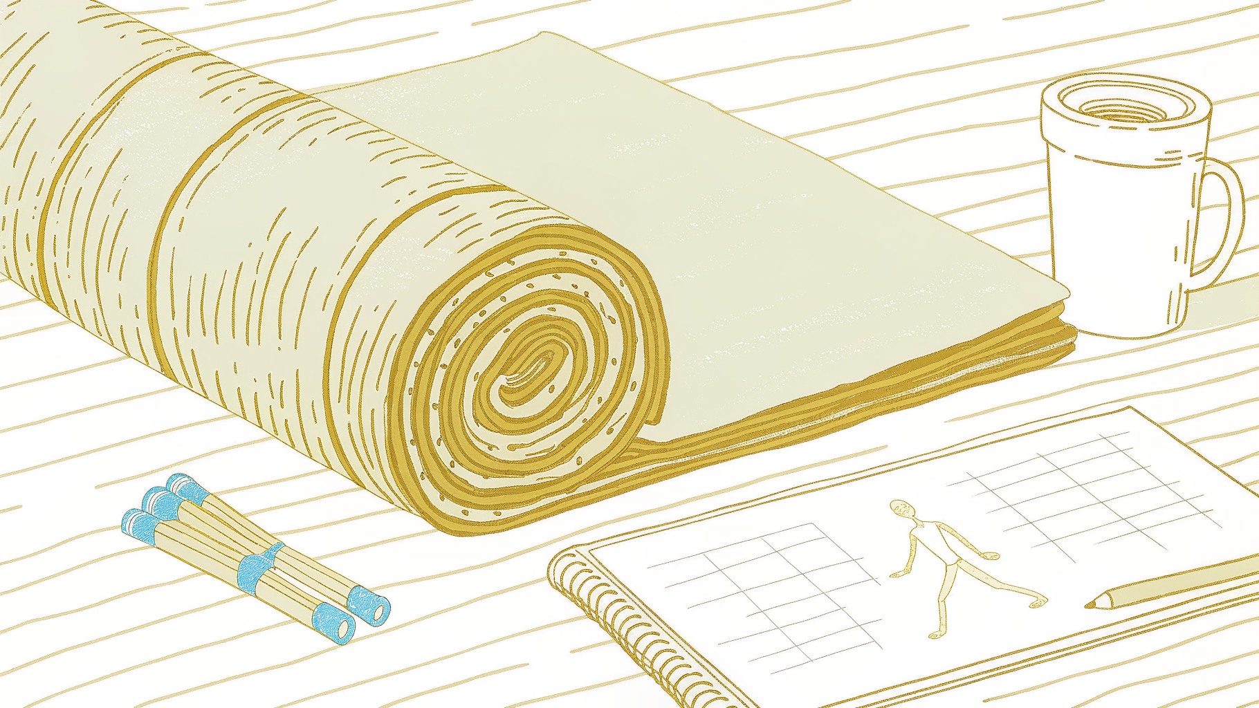 Flat-lay desk with Pilates reformer mat, resistance bands, anatomy sketch cards, and coffee mug