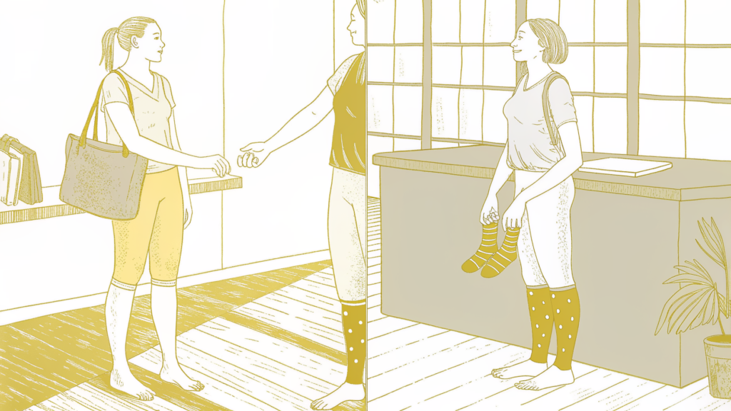 Woman turned away at Pilates studio reception for missing grip socks, then correctly equipped on reformer.