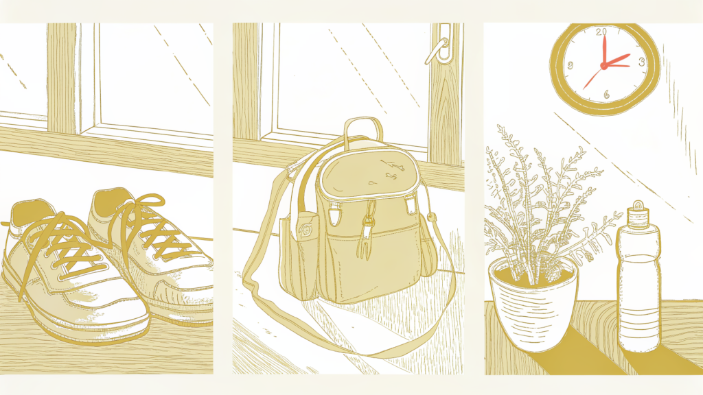  Items to leave home versus a packed gym bag and an early-arrival clock
