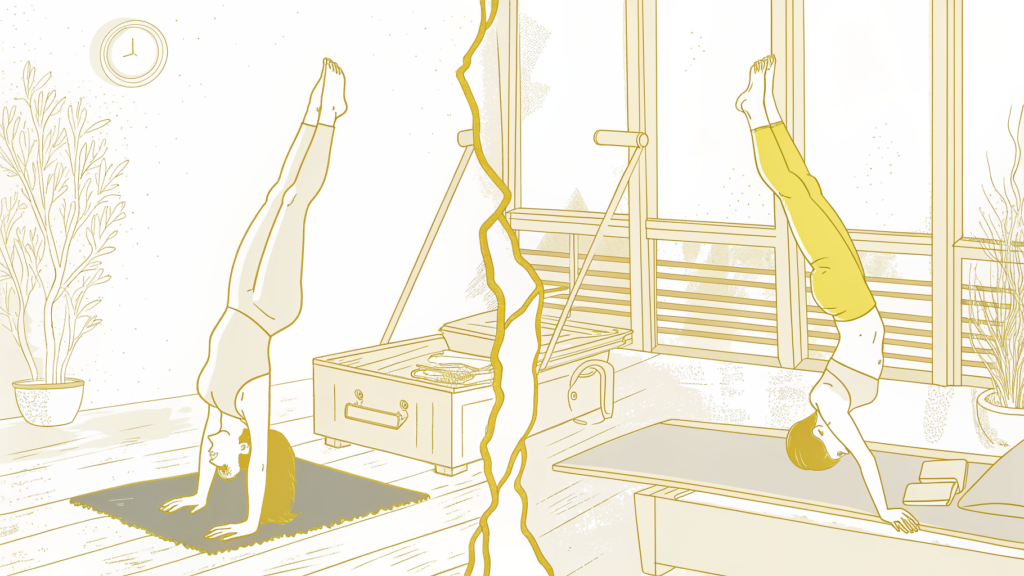 Reformer Pilates move shown with two conflicting studio names side by side.
