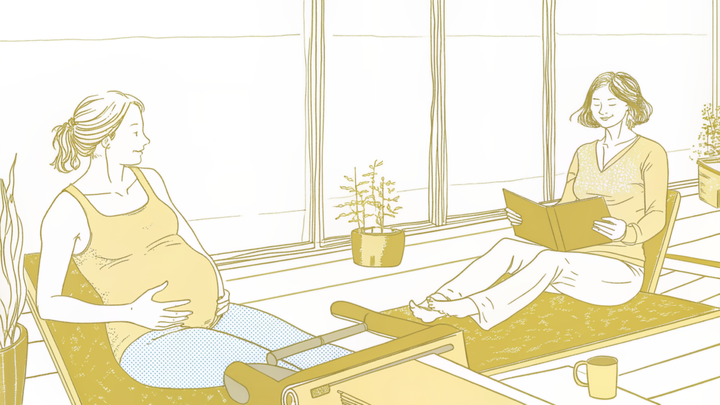 Pregnant woman on Lagree reformer beside a midwife consultation, showing safe prenatal exercise guidance
