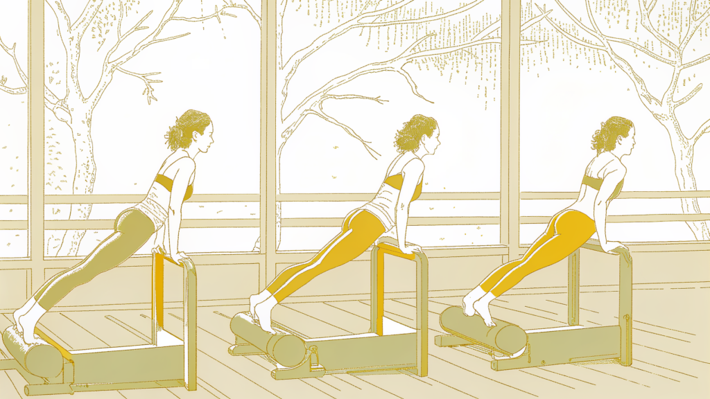 Three glute muscle zones highlighted on Reformer Pilates silhouettes across movement planes