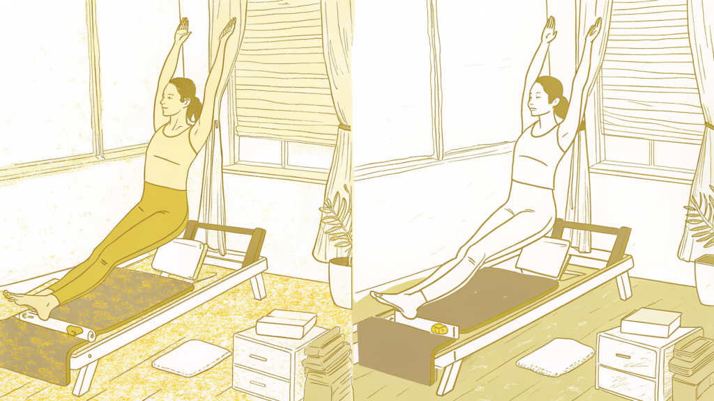 Woman on Pilates reformer progresses from glute activation to adaptation plateau over weeks