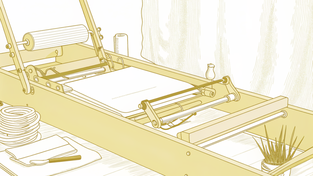  Balanced Body Studio Reformer springs and carriage mechanism highlighted in a Pilates studio.